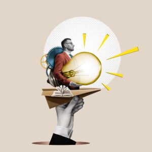 Paper,Plane,With,A,Businessman,And,A,Large,Light,Bulb.